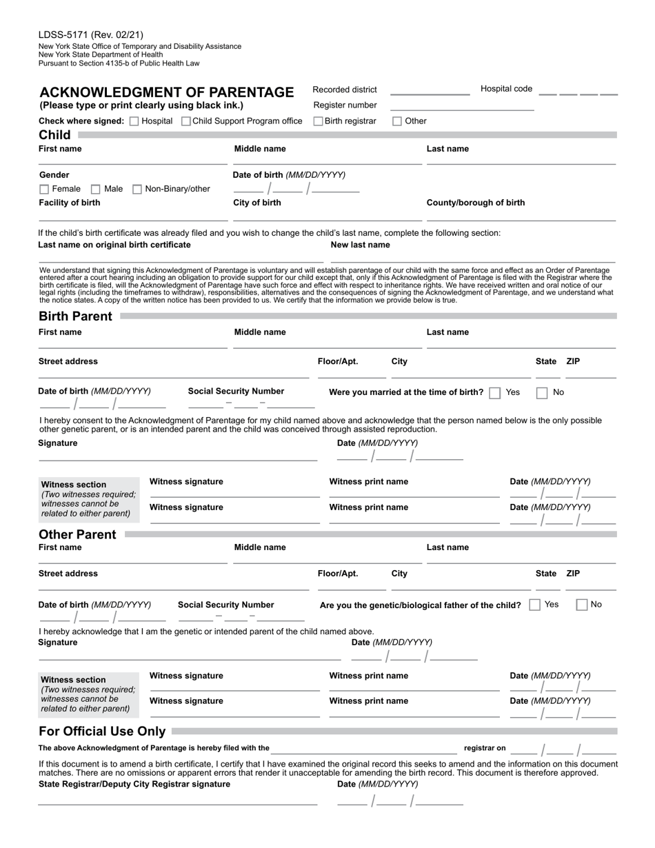 Form LDSS-5171 Acknowledgment of Parentage - New York, Page 5