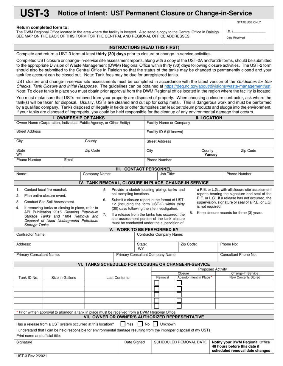 Form UST-3 Notice of Intent: Ust Permanent Closure or Change-In-service - North Carolina, Page 1