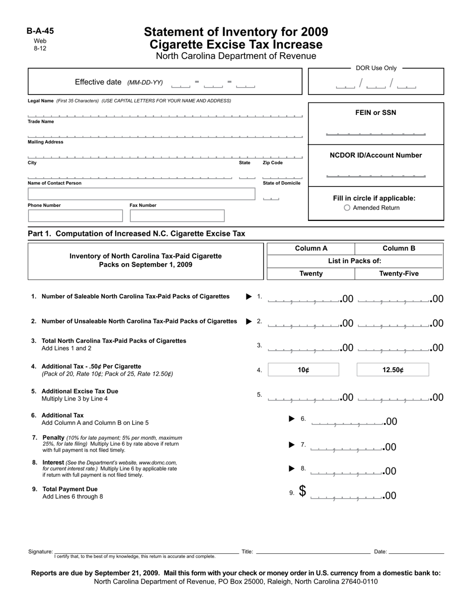 Form B-A-45 Statement of Inventory for 2009 Cigarette Excise Tax Increase - North Carolina, Page 1