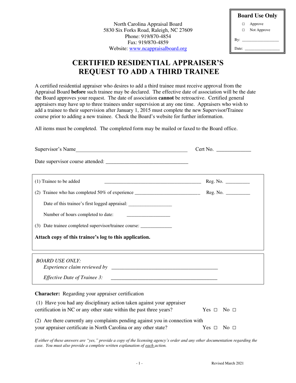 Certified Residential Appraiser's Request to Add a Third Trainee - North Carolina, Page 1