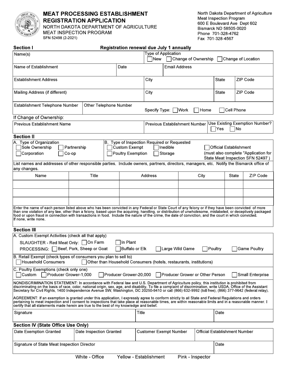 Form SFN52498 Meat Processing Establishment Registration Application - North Dakota, Page 1