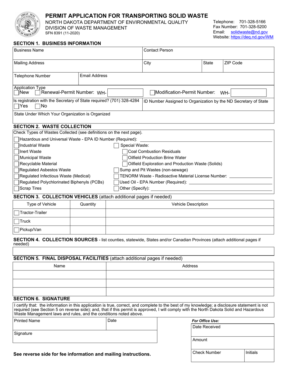 Form SFN8391 Permit Application for Transporting Solid Waste - North Dakota, Page 1