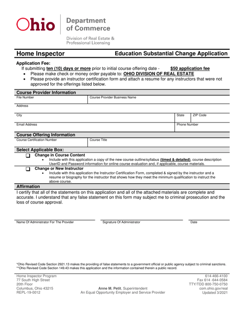 Form REPL-19-0012 Education Substantial Change Application - Home Inspector - Ohio
