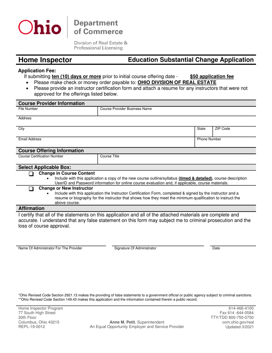 Form REPL-19-0012 Education Substantial Change Application - Home Inspector - Ohio, Page 1