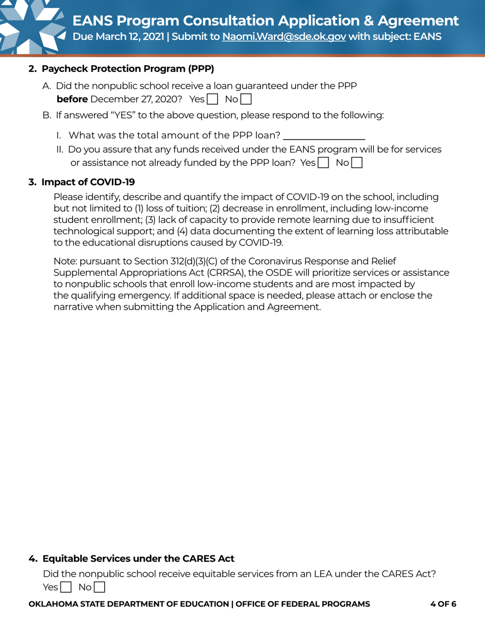 Emergency Assistance to Nonpublic Schools (Eans) Program Consultation Application  Agreement - Oklahoma, Page 4