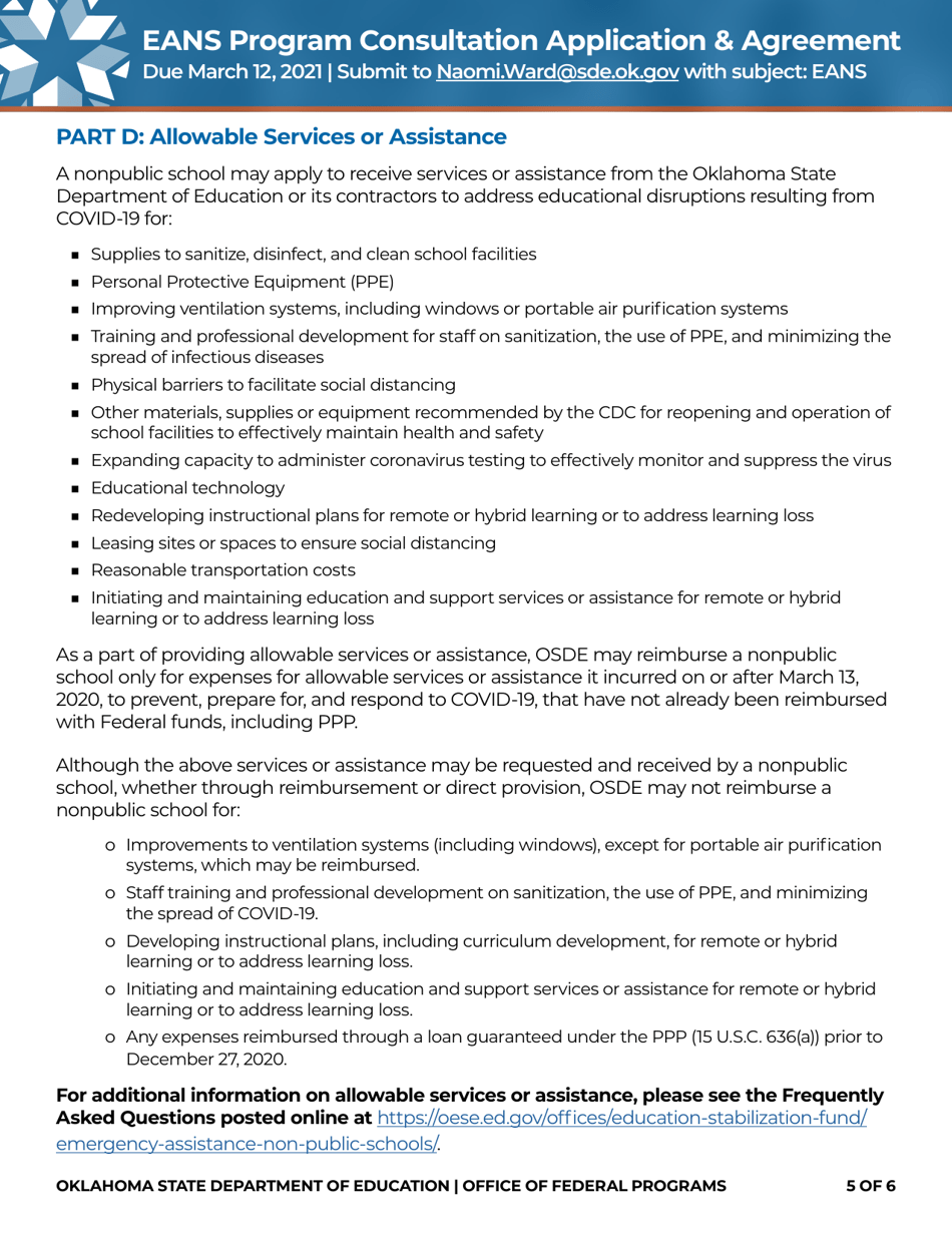 Emergency Assistance to Nonpublic Schools (Eans) Program Consultation Application  Agreement - Oklahoma, Page 5