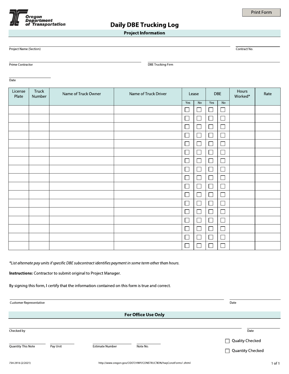 Form 734-2916 Download Fillable PDF or Fill Online Daily Dbe Trucking ...