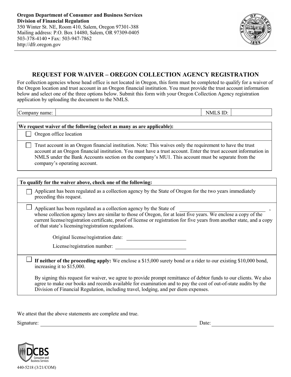 Form 440-5218 Request for Waiver - Oregon Collection Agency Registration - Oregon, Page 1