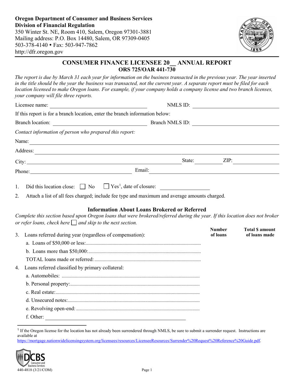 Form 440-4818 Consumer Finance Licensee Annual Report - Oregon, Page 1