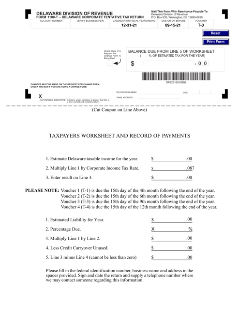 Form 1100-T-3 Delaware Corporate Tentative Tax Return Payment Voucher - Delaware, 2021
