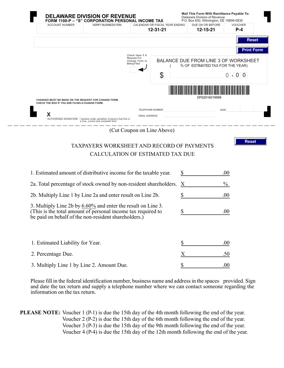 Form 1100P-4 s Corporation Personal Income Tax - Delaware, Page 1