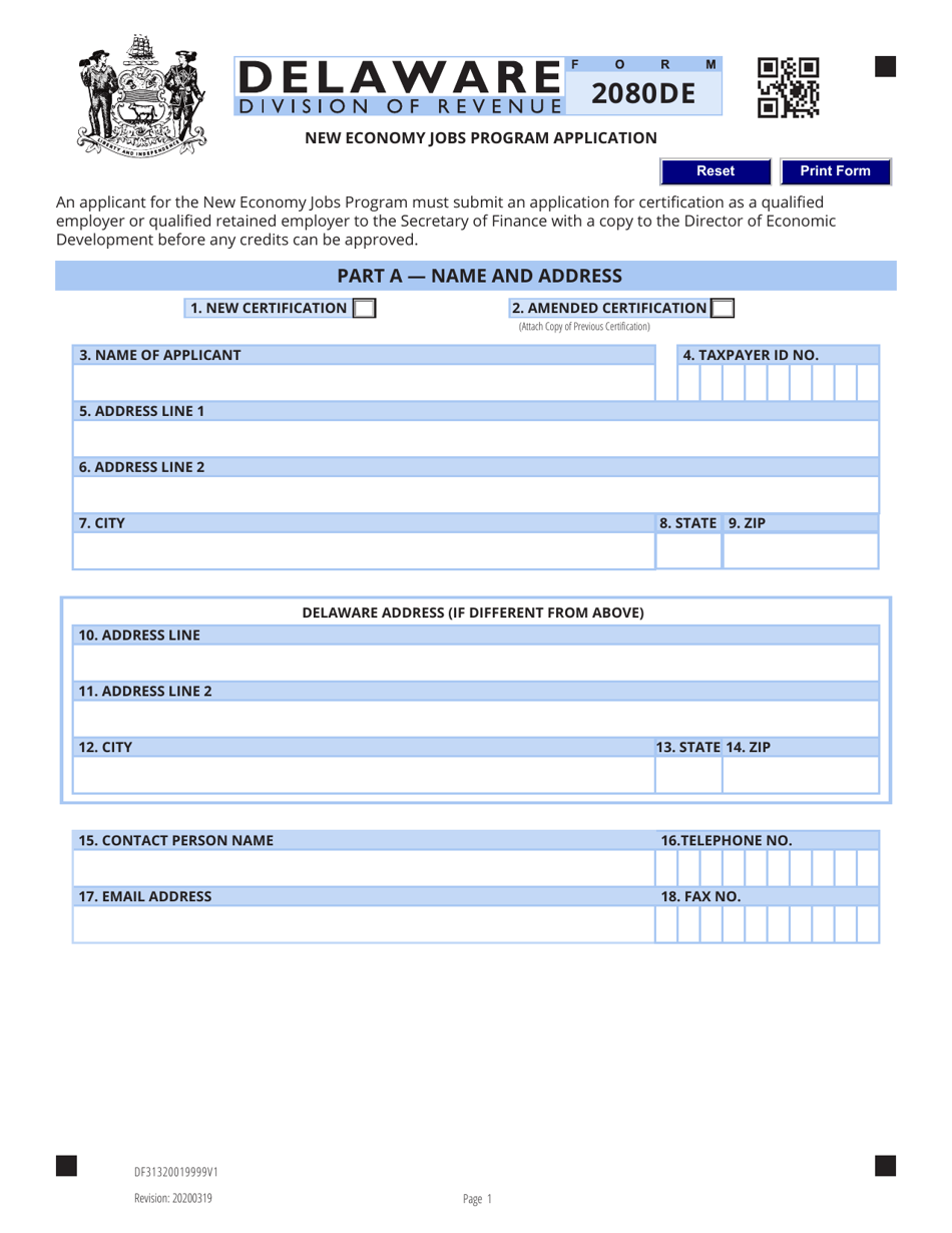 Form 2080DE New Economy Jobs Program Application - Delaware, Page 1