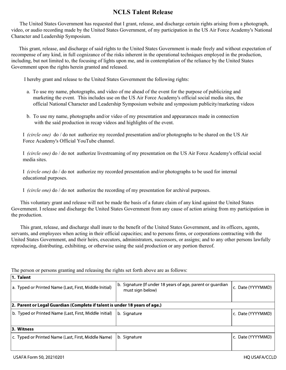 USAFA Form 50 Ncls Talent Release, Page 1