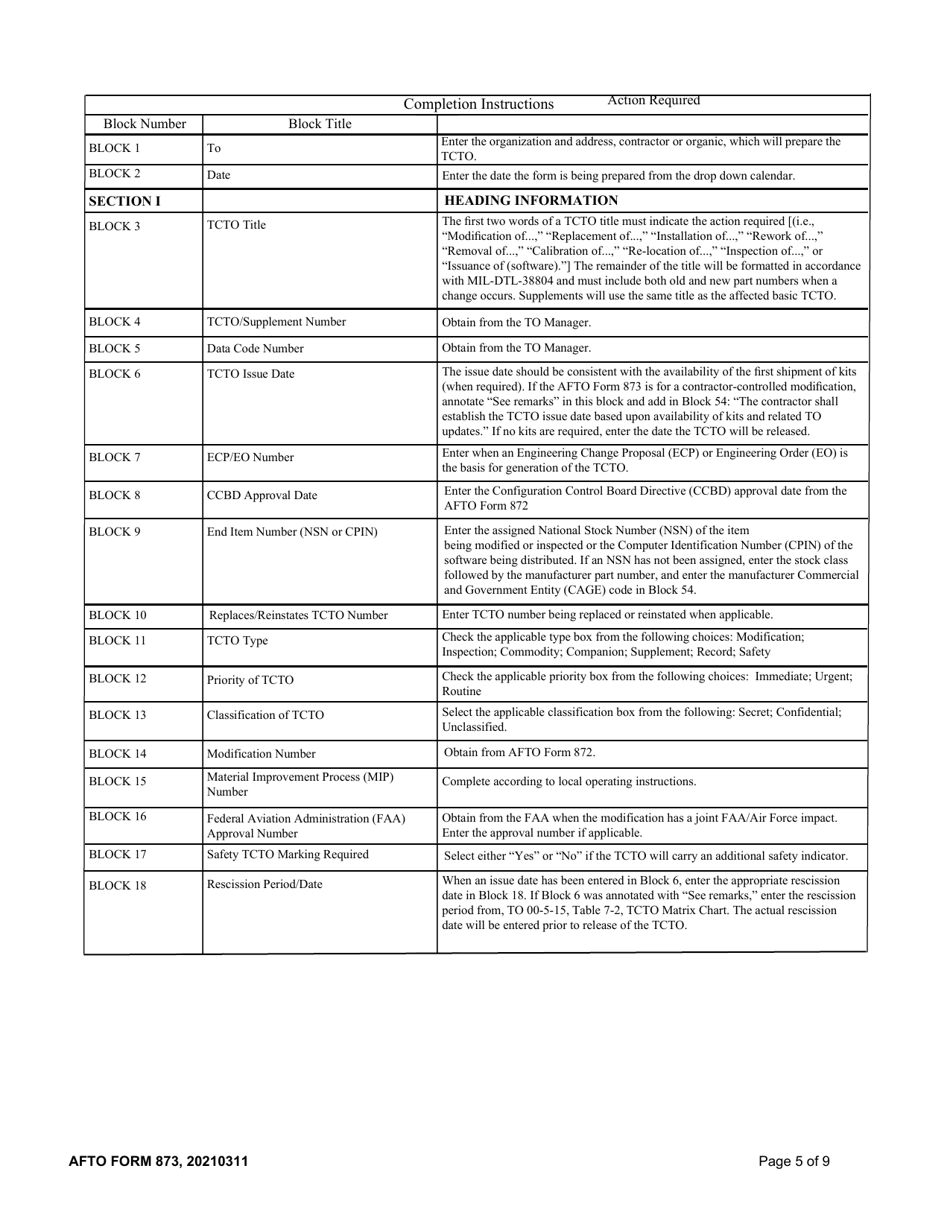 AFTO Form 873 Download Fillable PDF or Fill Online Time Compliance ...