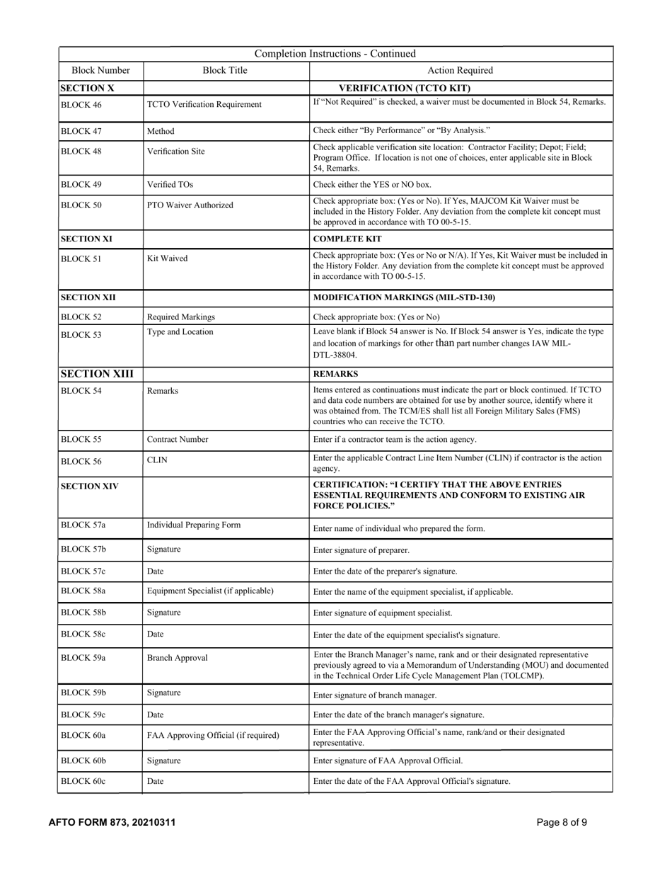 AFTO Form 873 Time Compliance Technical Order Requirements, Page 8