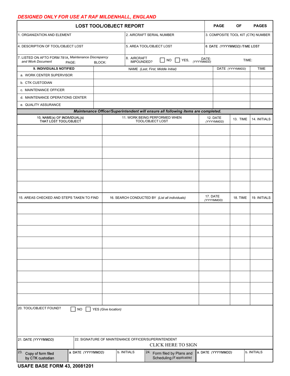 USAFE BASE Form 43 Lost Tool / Object Report, Page 1