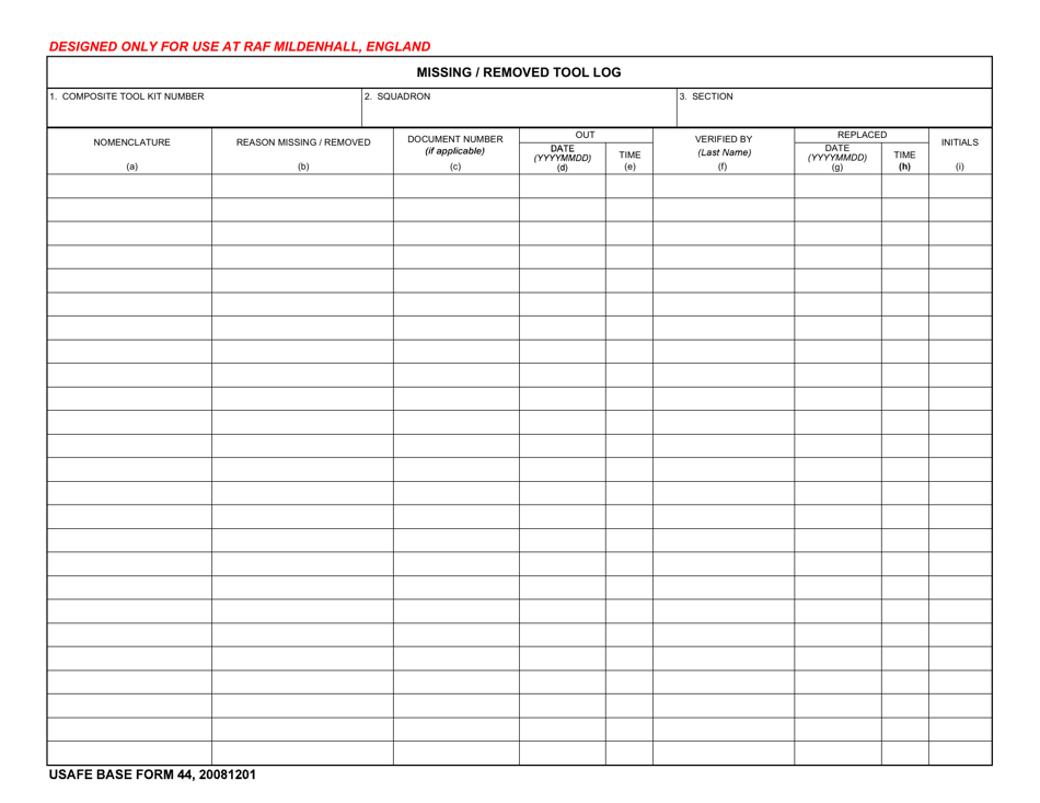 USAFE BASE Form 44 Missing / Removed Tool Log, Page 1