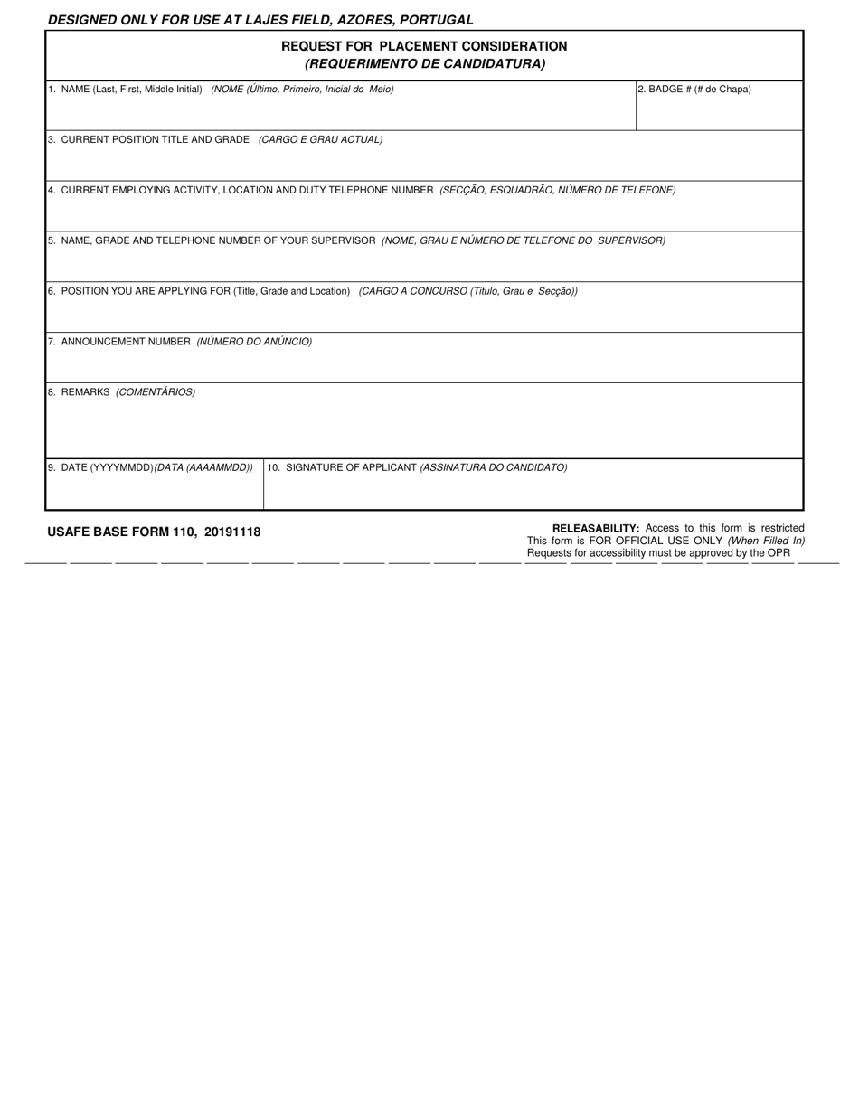 USAFE BASE Form 110 Request for Placement Consideration (English / Portuguese), Page 1