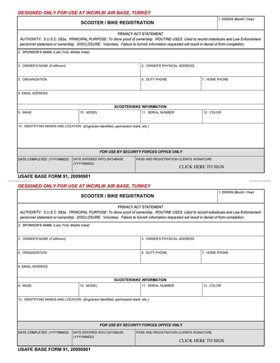 USAFE BASE Form 91 Bike / Scooter Registration, Page 1