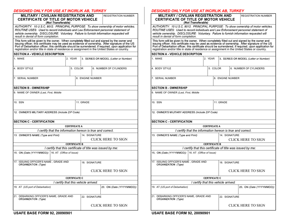 USAFE BASE Form 92 Military / Civilian Registration and Certificate of Title of Motor Vehicle, Page 1