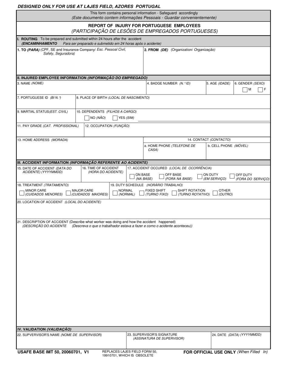 USAFE BASE IMT Form 50 Report of Injury for Portuguese Employees (English / Portuguese), Page 1