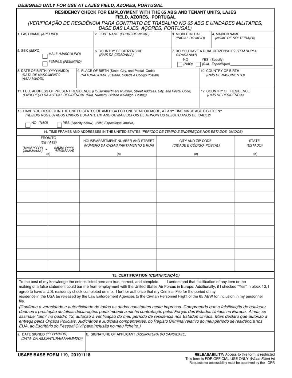 USAFE BASE Form 119 Residency Check for Employment With the 65 Abg and Tenant Units, Lajes Field, Azores, Portugal (English / Portuguese), Page 1