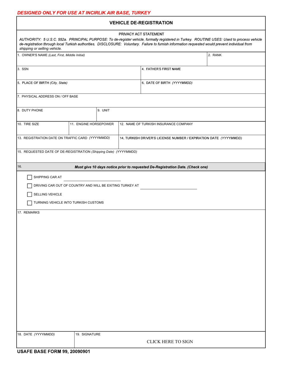 USAFE BASE Form 99 Vehicle De-registration, Page 1