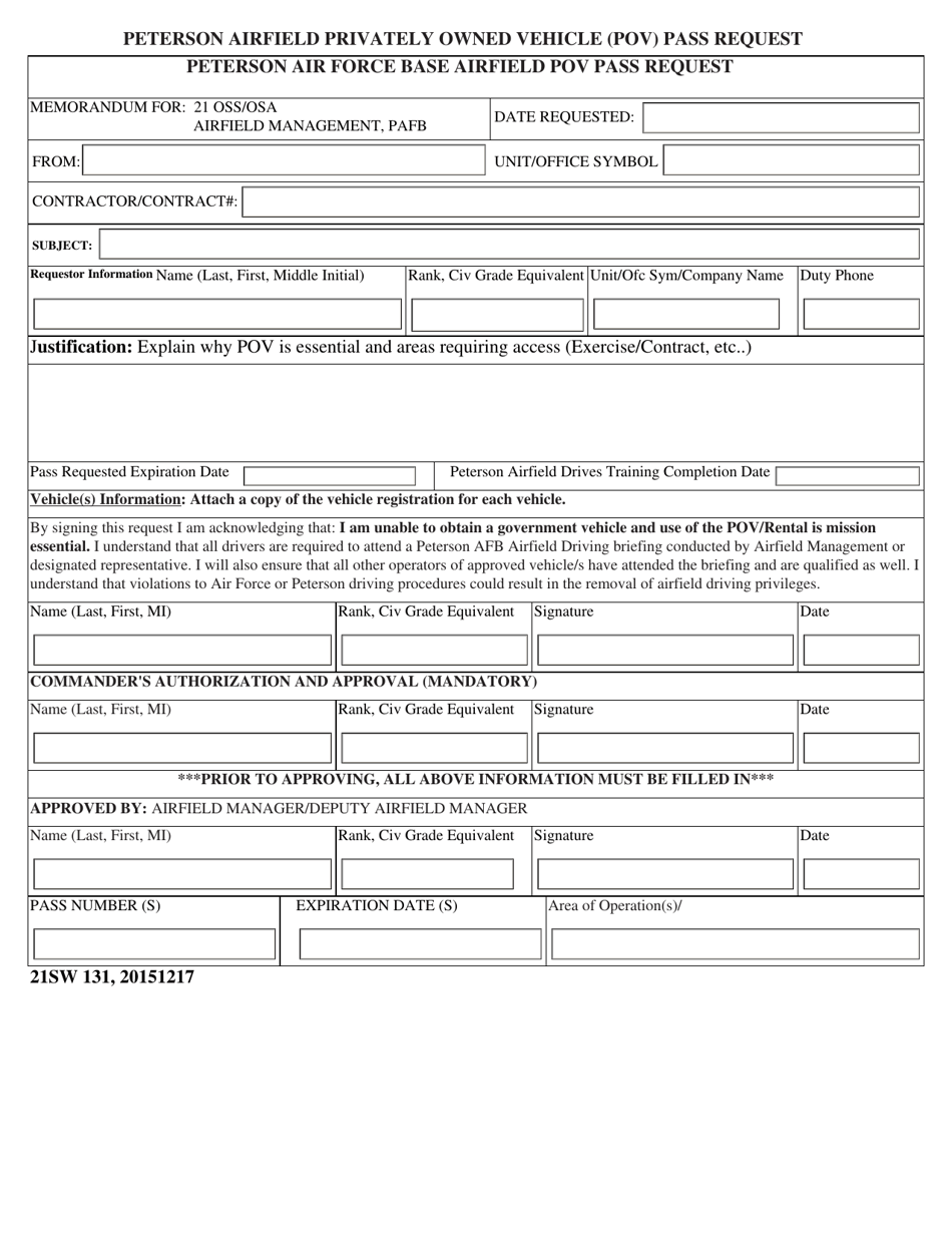 21 SW Form 131 Peterson Airfield Private Owned Vehicle (Pov) Pass Request, Page 1