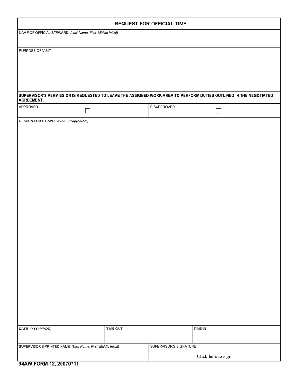 94 AW Form 12 Request for Official Time, Page 1