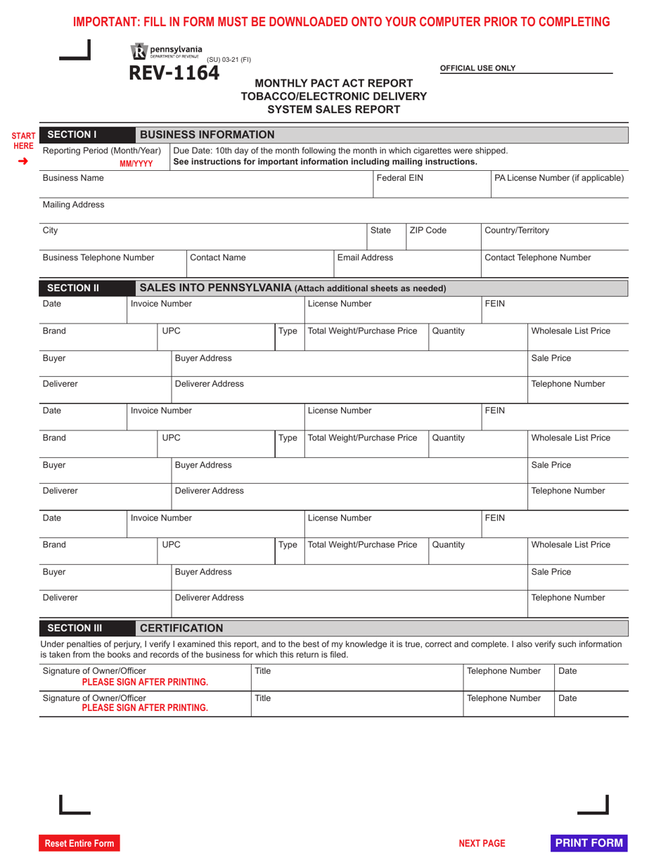 Form REV-1164 Monthly Pact Act Report Tobacco / Electronic Delivery System Sales Report - Pennsylvania, Page 1