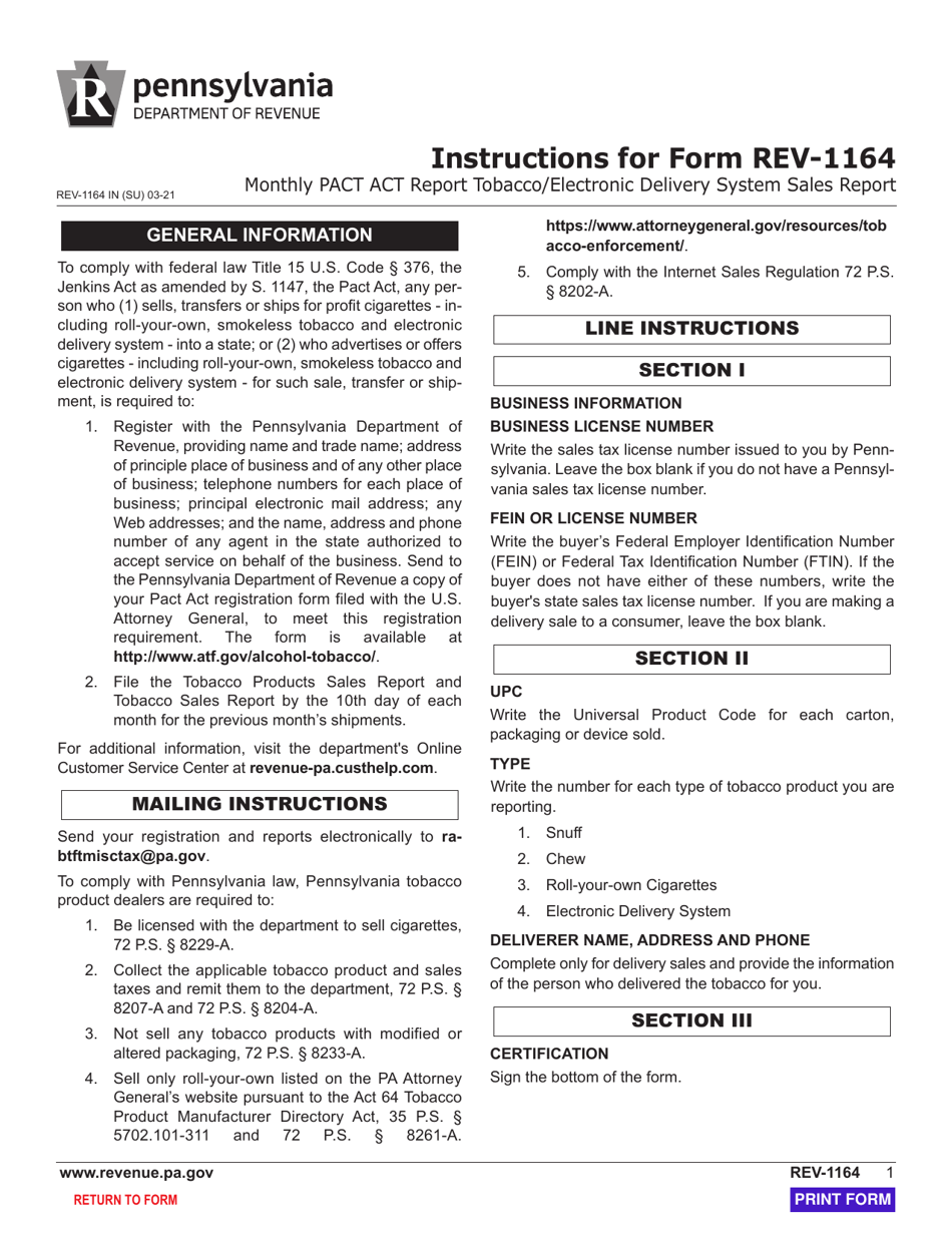 Form REV-1164 Monthly Pact Act Report Tobacco / Electronic Delivery System Sales Report - Pennsylvania, Page 3