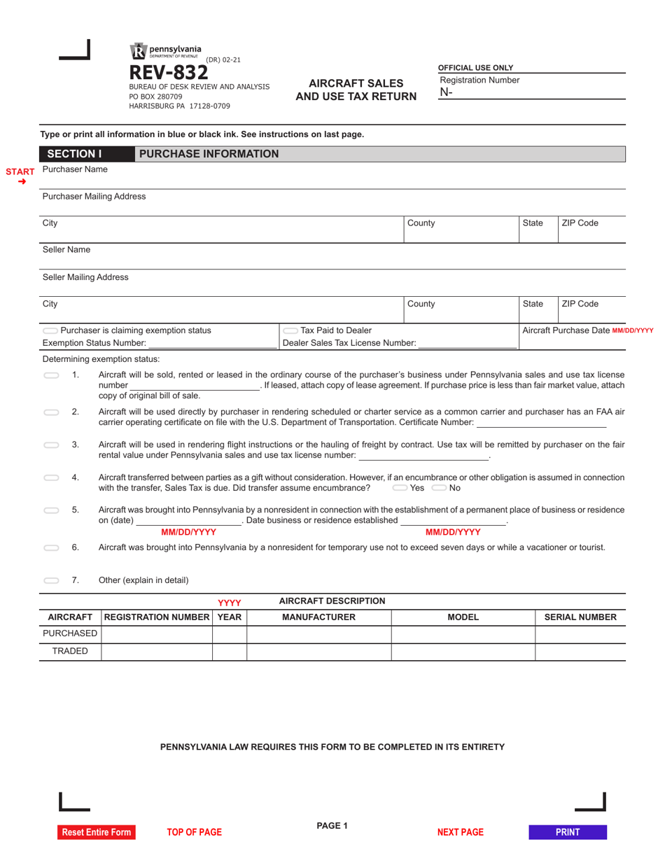 Form REV-832 Aircraft Sales and Use Tax Return - Pennsylvania, Page 1