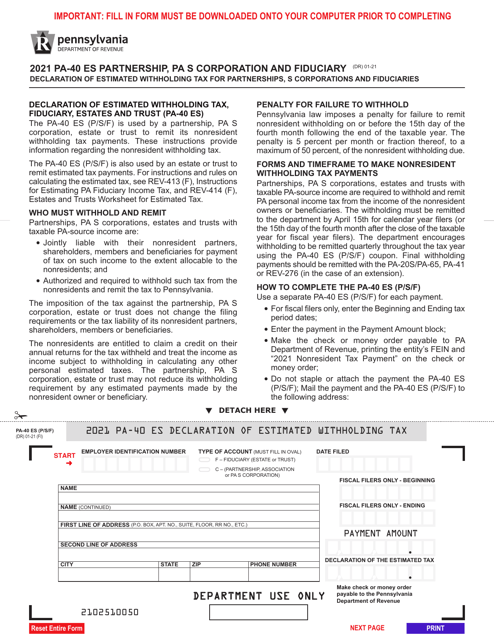 Form PA-40 ES (P/S/F) 2021 Printable Pdf