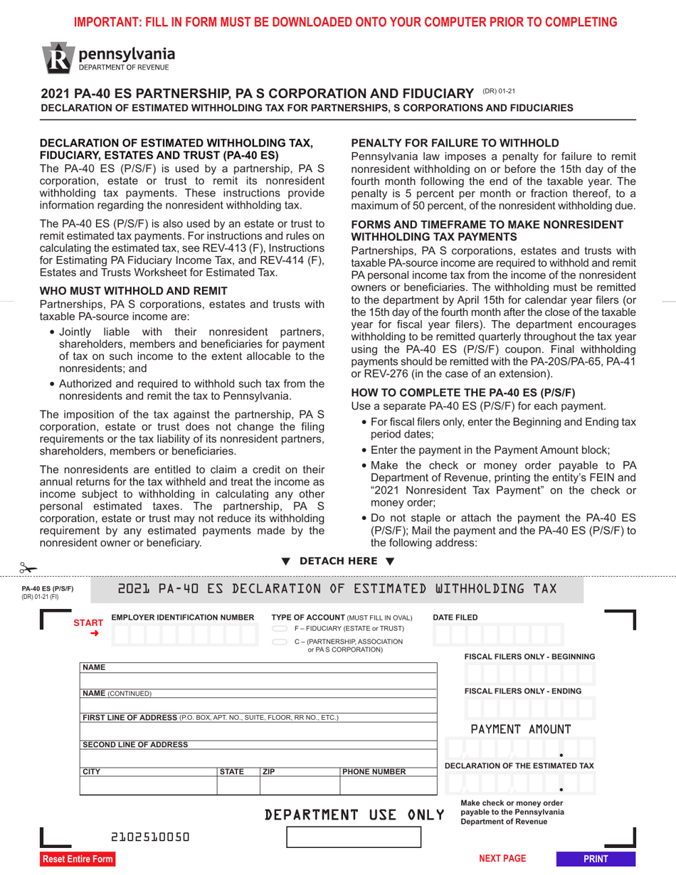 Form PA-40 ES (P / S / F) Declaration of Estimated Withholding Tax for Partnerships, S Corporations and Fiduciaries - Pennsylvania, Page 1