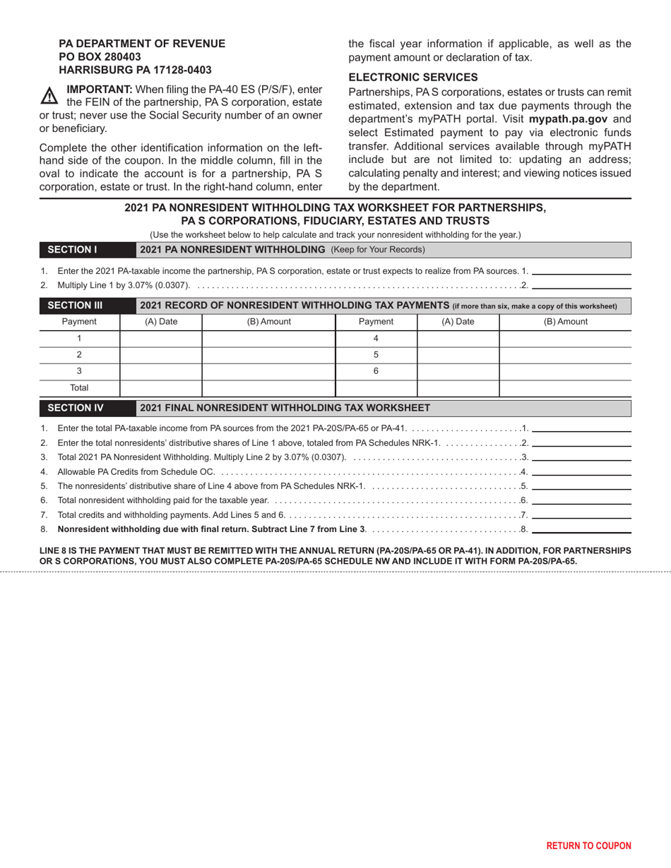 Form PA-40 ES (P / S / F) Declaration of Estimated Withholding Tax for Partnerships, S Corporations and Fiduciaries - Pennsylvania, Page 2