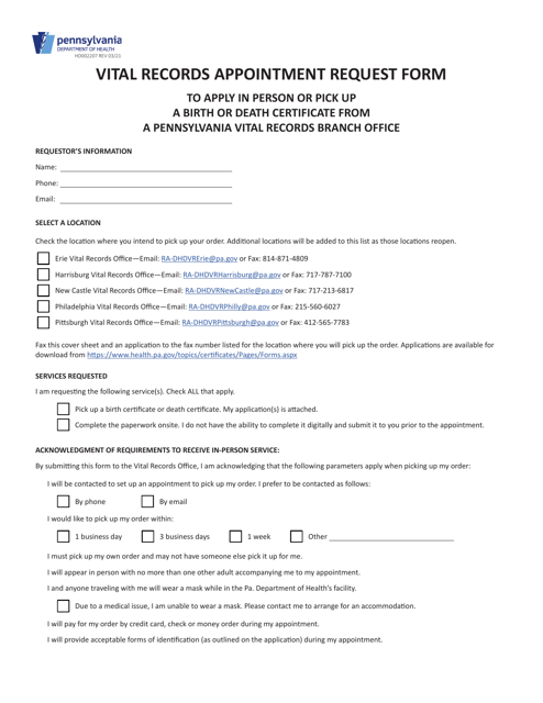 Form HD002207 Vital Records Appointment Request Form - Pennsylvania