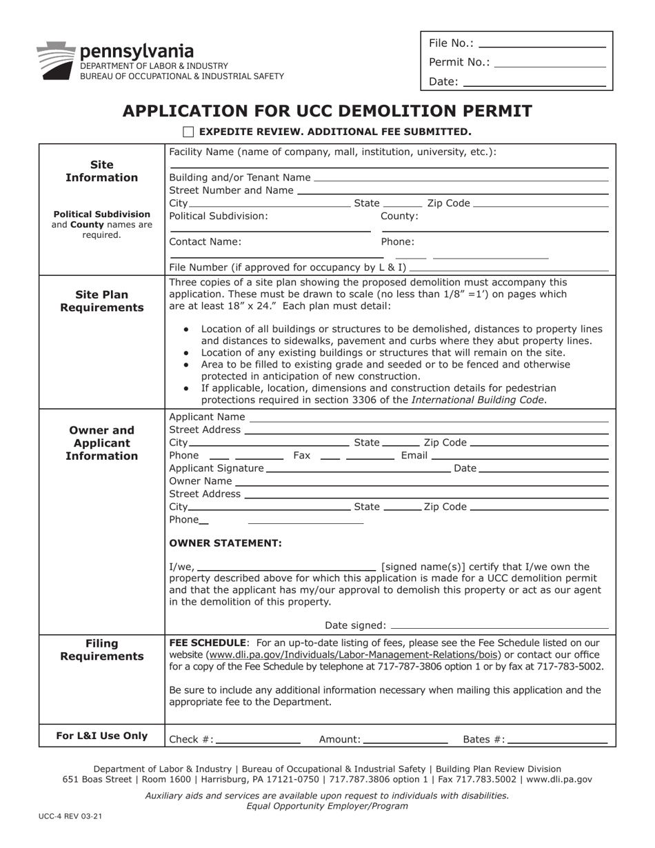 Form UCC 4 Download Fillable PDF Or Fill Online Application For Ucc   Form Ucc 4 Application For Ucc Demolition Permit Pennsylvania Print Big 