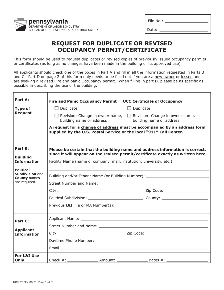 Form UCC-27 Request for Duplicate or Revised Occupancy Permit / Certificate - Pennsylvania, Page 1