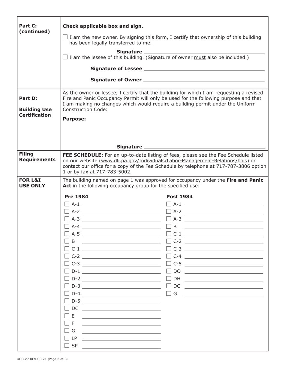 Form UCC-27 Request for Duplicate or Revised Occupancy Permit / Certificate - Pennsylvania, Page 2