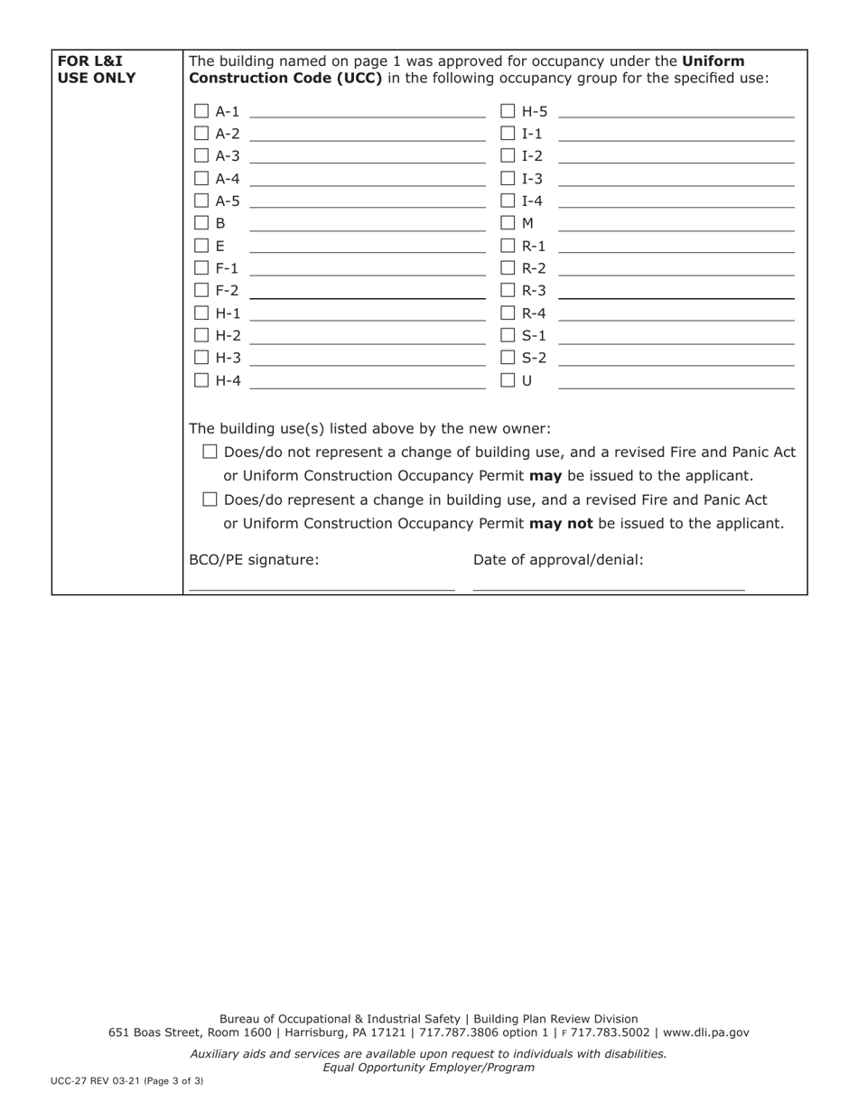 Form UCC-27 Request for Duplicate or Revised Occupancy Permit / Certificate - Pennsylvania, Page 3