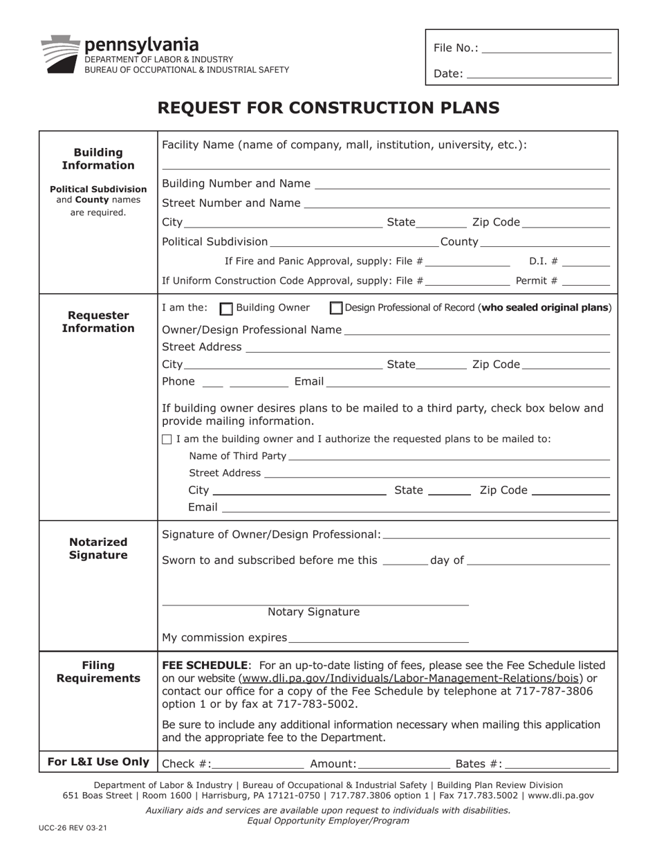Form UCC-26 Request for Construction Plans - Pennsylvania, Page 1
