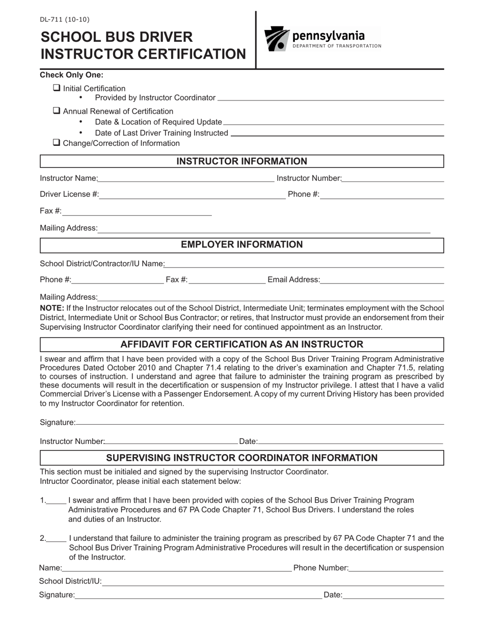 Form DL-711 School Bus Driver Instructor Certification - Pennsylvania, Page 1