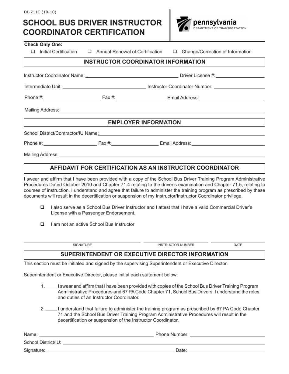 Form DL-711C School Bus Driver Instructor Coordinator Certification - Pennsylvania, Page 1