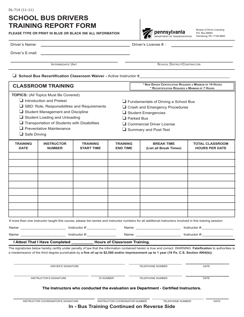 Form DL-714 School Bus Drivers Training Report Form - Pennsylvania, Page 1