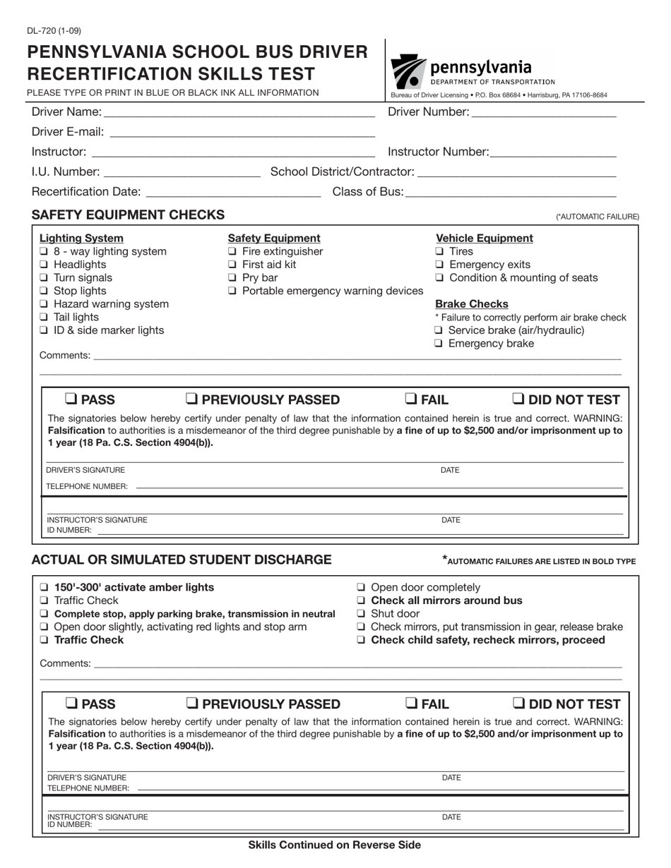 Form DL-720 Pennsylvania School Bus Driver Recertification Skills Test - Pennsylvania, Page 1