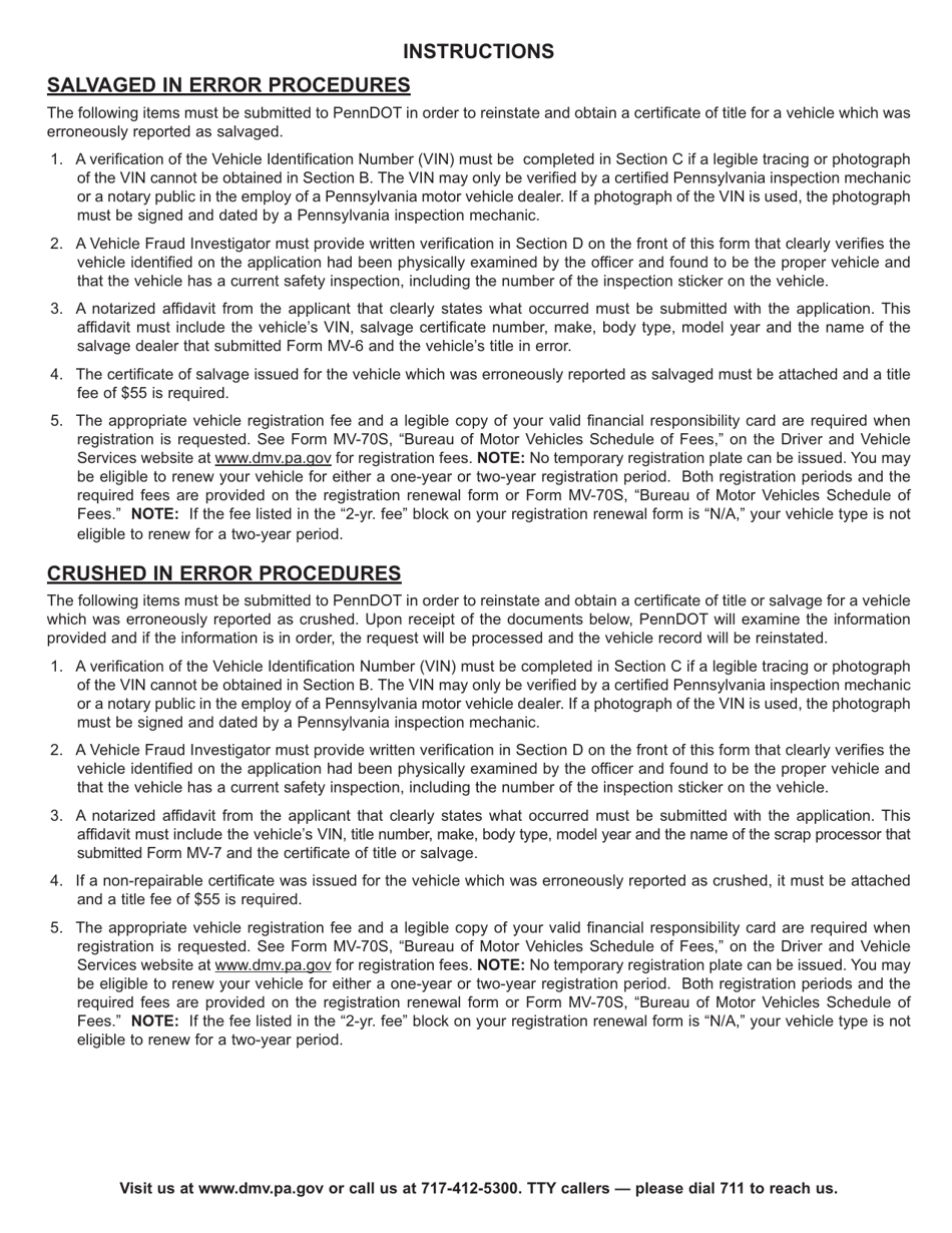 Form MV-6E Title Application for a Vehicle Which Was Erroneously Reported as Salvaged or Crushed - Pennsylvania, Page 2