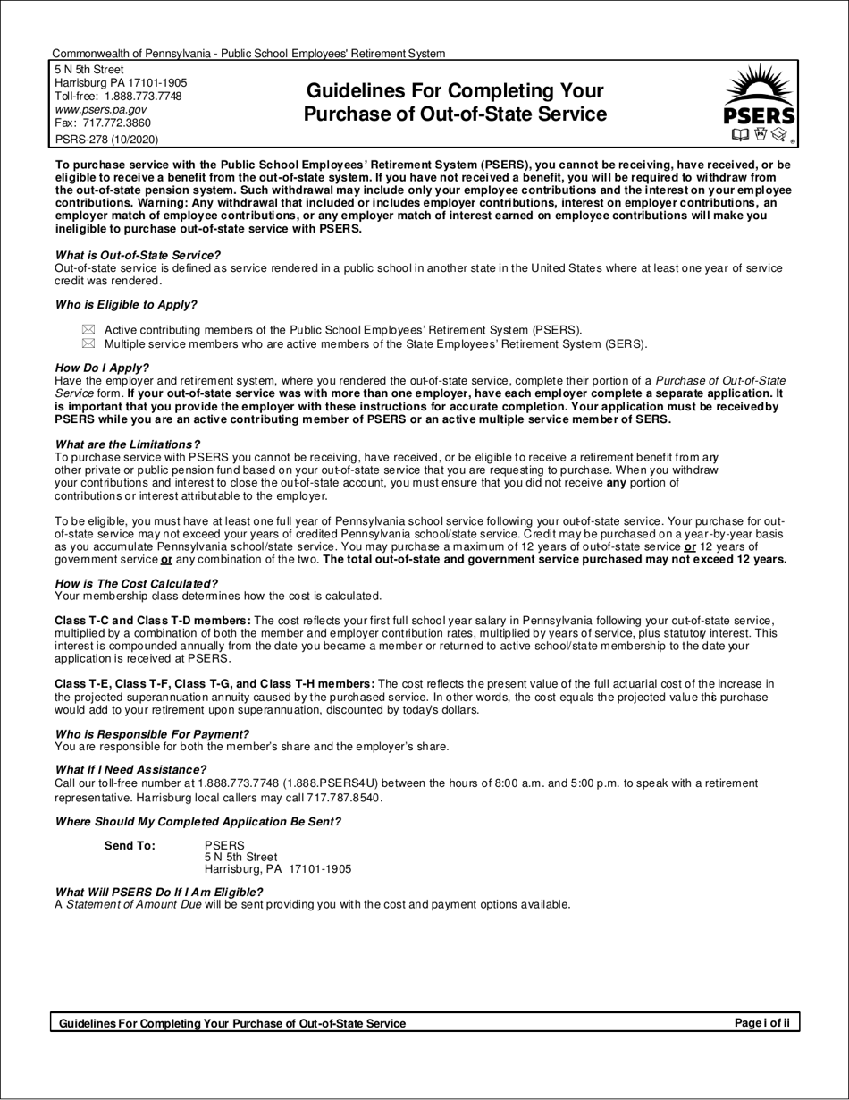 Form PSRS-278 Application for Credit for out-Of- State Service - Pennsylvania, Page 1