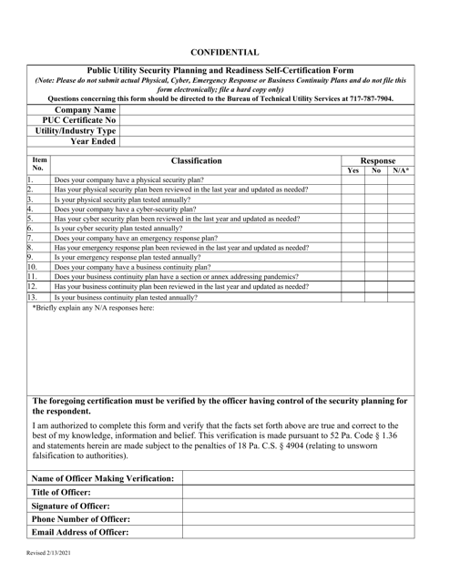 Public Utility Security Planning and Readiness Self-certification Form - Pennsylvania Download Pdf
