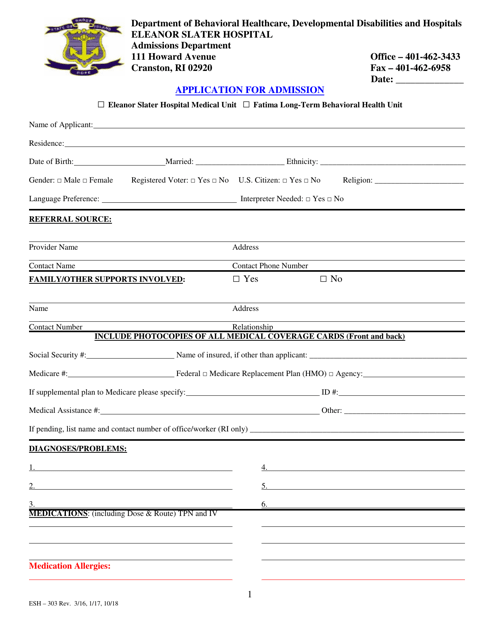 Form ESH-303 Application for Admission - Rhode Island