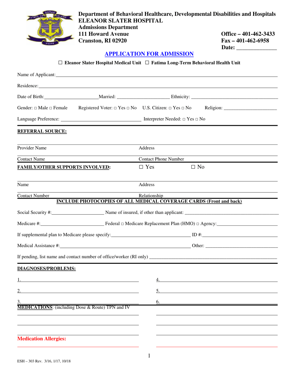 Form ESH-303 Application for Admission - Rhode Island, Page 1